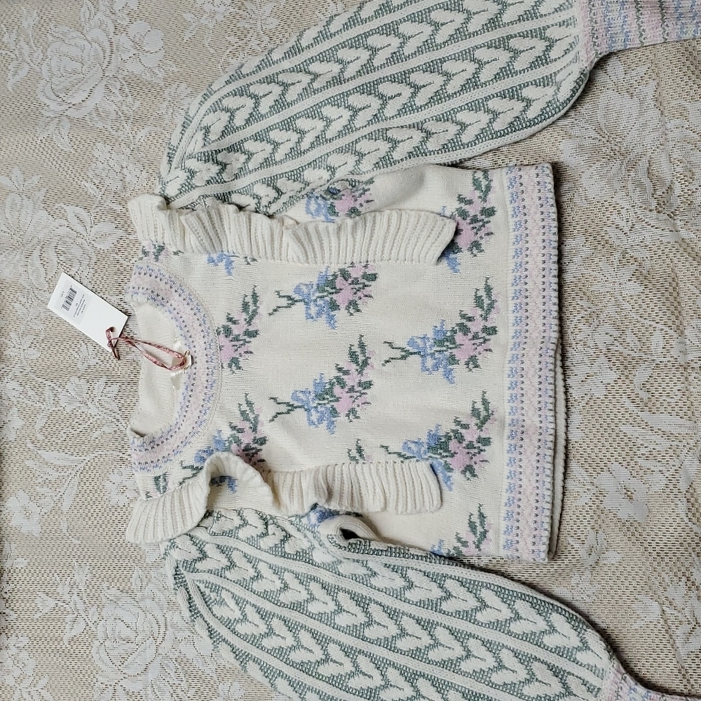 Loveshackfancy Warwick knit sweater floral ruffle hearts XS - Picture 8 of 17